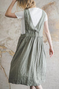 Robe Tablier en Lin Style Japonais – Vert Sauge | Robe Chasuble avec Poches