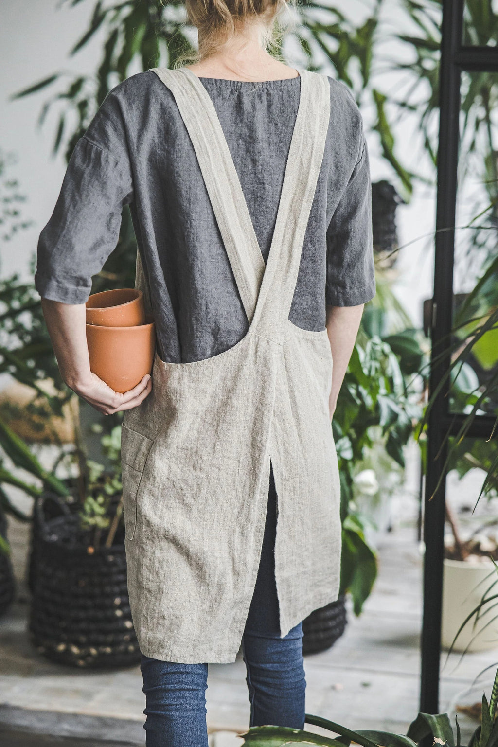 Tablier Japonais en Lin Épais (260g/m²) – Dos Croisé & Poches | Taille Unique