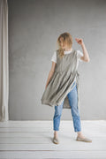 Robe Tablier en Lin Rayé – Gris Naturel | Multi-usage & Liens Latéraux