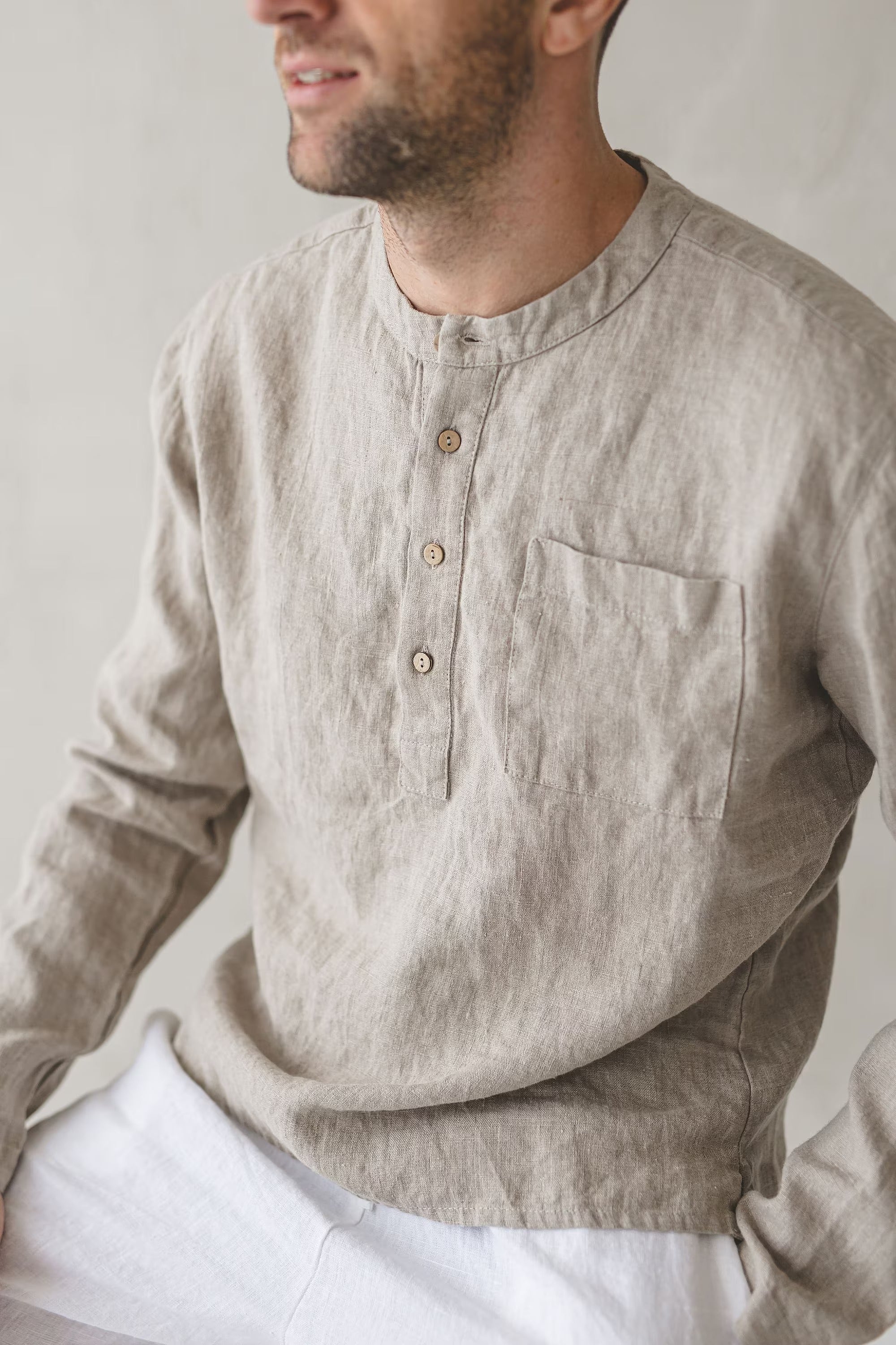 Chemise Classique en Lin pour Homme – Lin Naturel | Manches Longues & Boutons en Coco