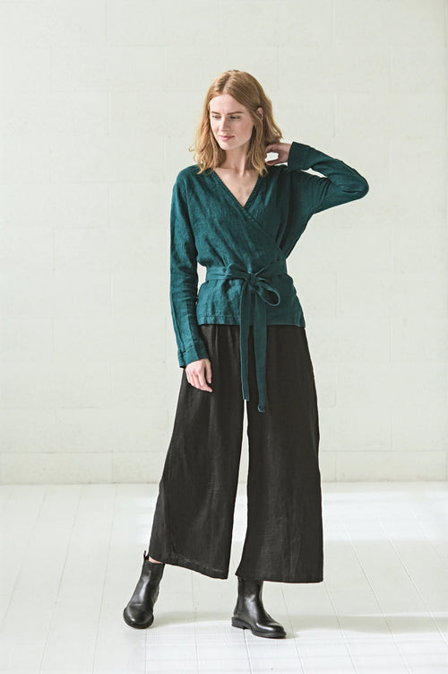 Blouse Cache-Cœur en Lin à Manches Longues – Vert Forêt | Top Élégant & Ajustable