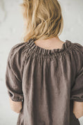 Blouse en Lin à Épaules Dénudées Style Bohème – Café | Manches 3/4 Ballon & Liens Ajustables