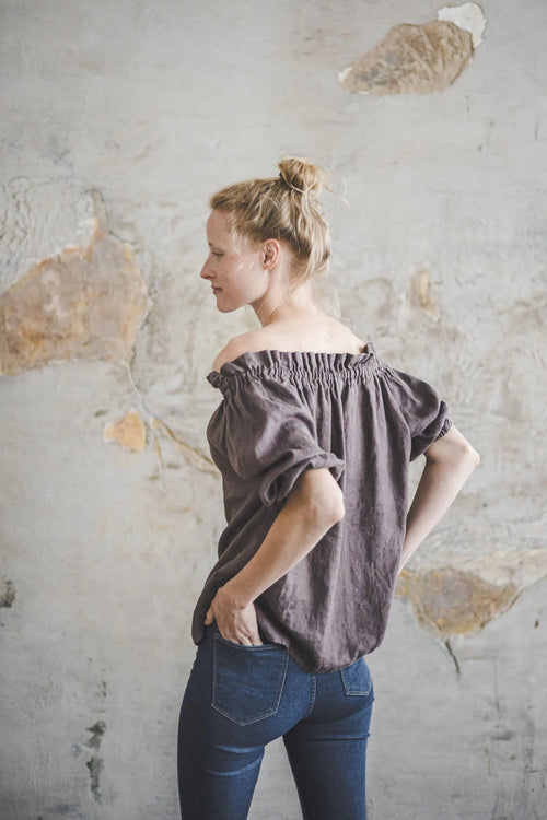Blouse en Lin à Épaules Dénudées Style Bohème – Café | Manches 3/4 Ballon & Liens Ajustables