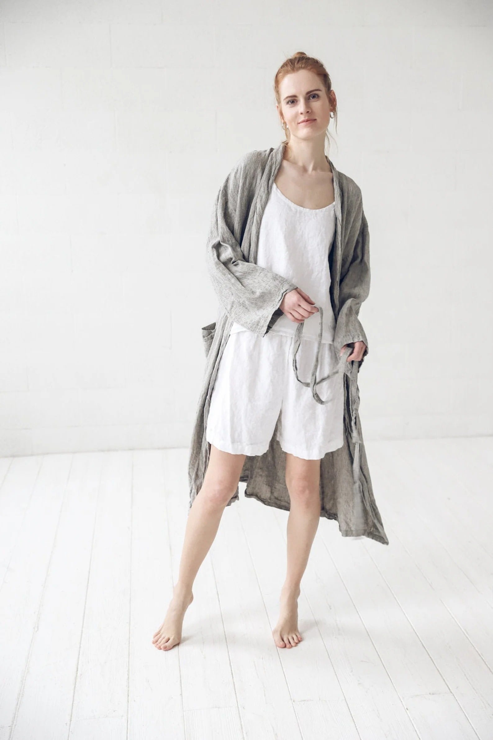 Peignoir en Lin à Rayures Naturelles – Style Spa & Détente | Fait Main & Lin Européen