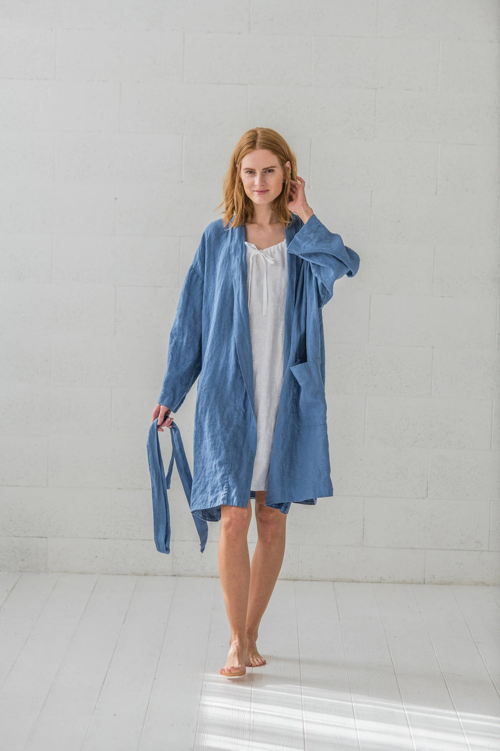 Peignoir de Bain en Lin Léger – Bleu Océan | Taille Unique & Fait Main | Cadeau Idéal