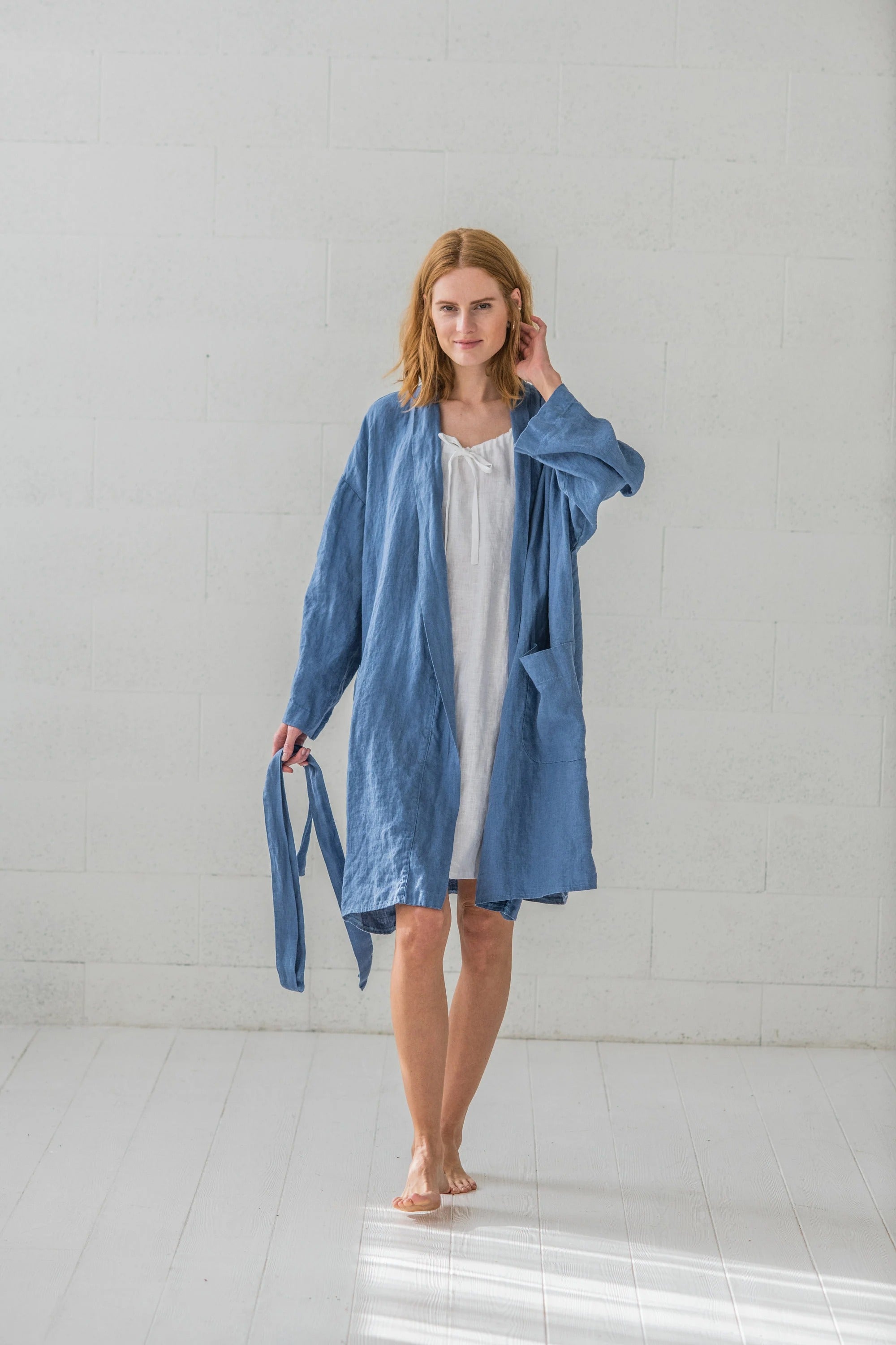 Peignoir de Bain en Lin Léger – Bleu Océan | Taille Unique & Fait Main | Cadeau Idéal