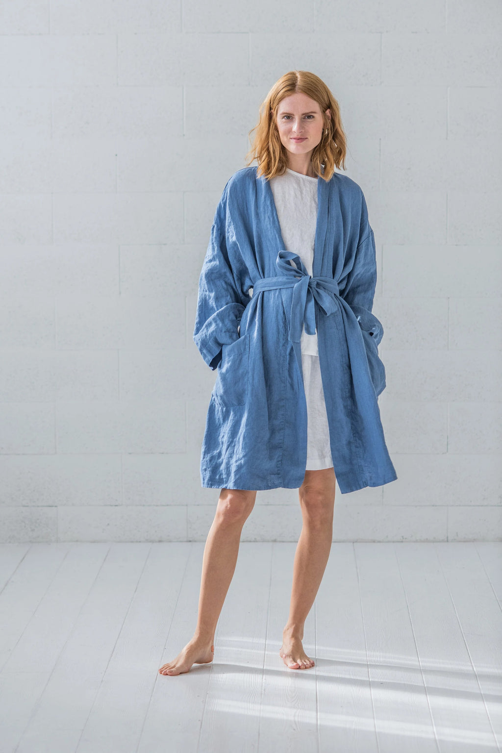 Peignoir de Bain en Lin Léger – Bleu Océan | Taille Unique & Fait Main | Cadeau Idéal