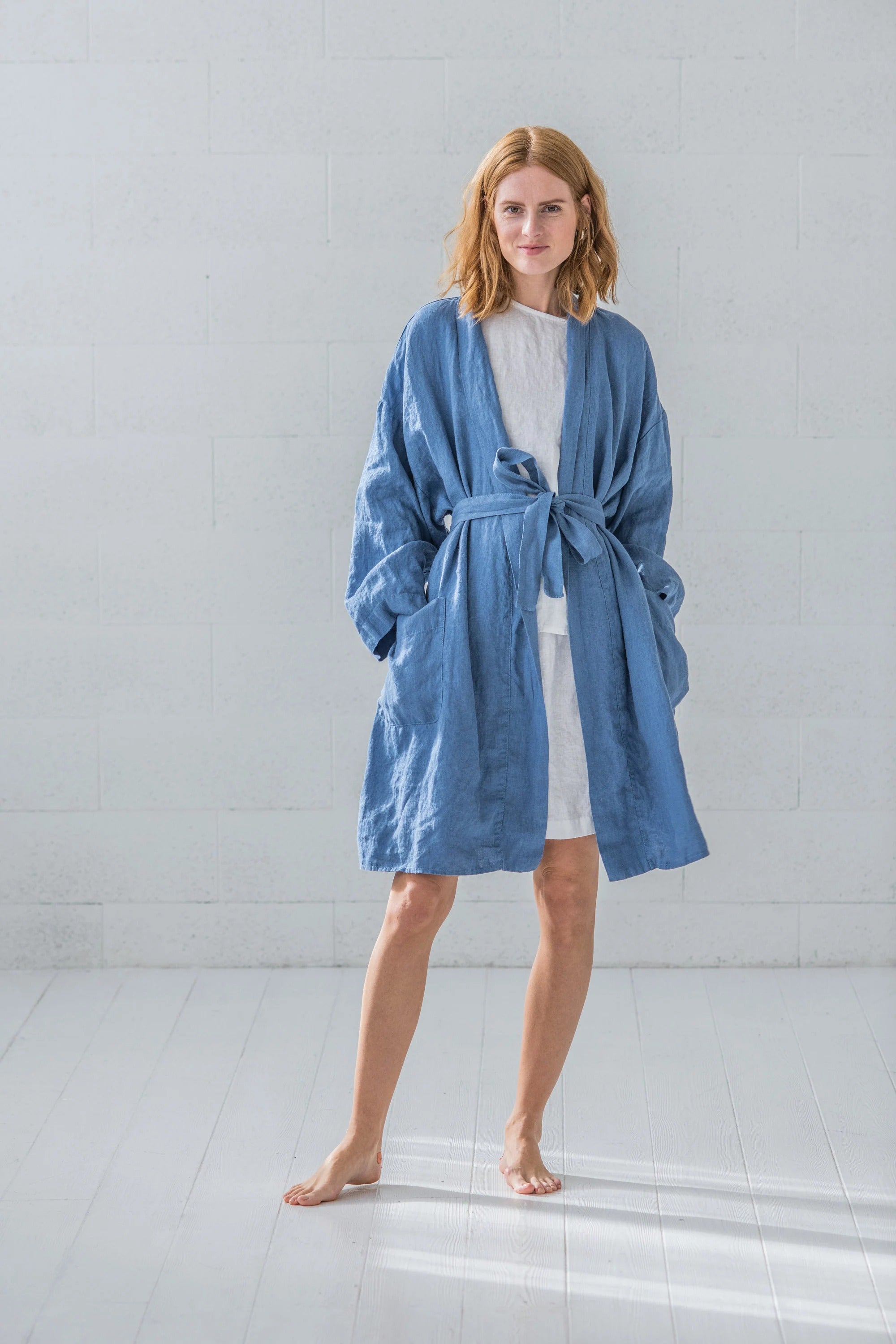 Peignoir de Bain en Lin Léger – Bleu Océan | Taille Unique & Fait Main | Cadeau Idéal