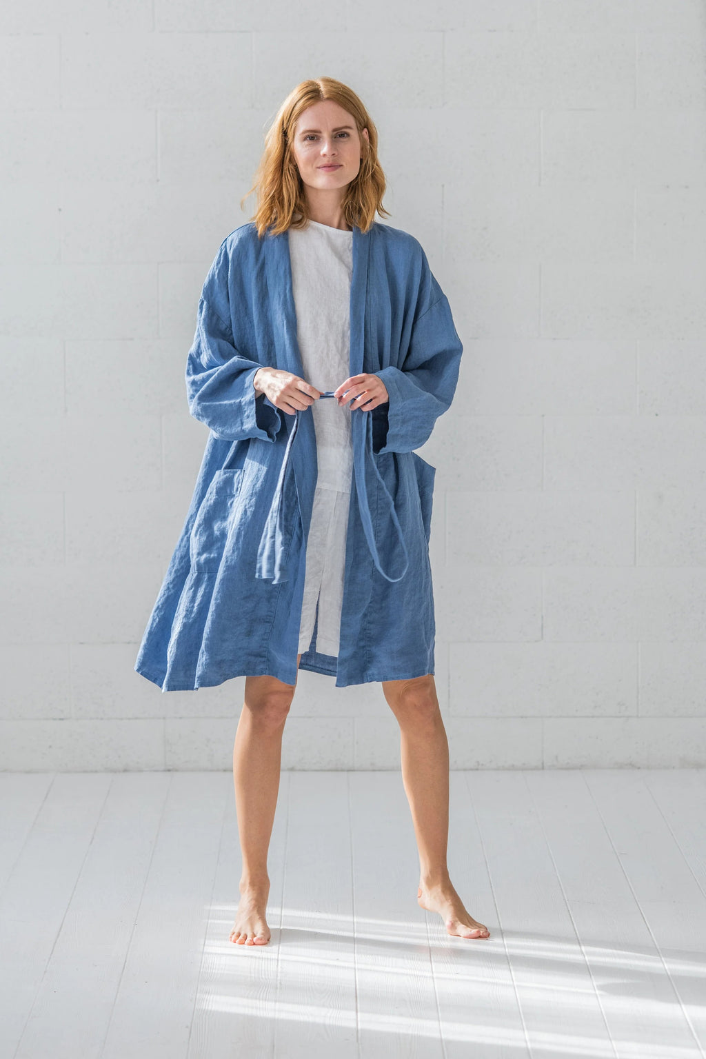 Peignoir de Bain en Lin Léger – Bleu Océan | Taille Unique & Fait Main | Cadeau Idéal