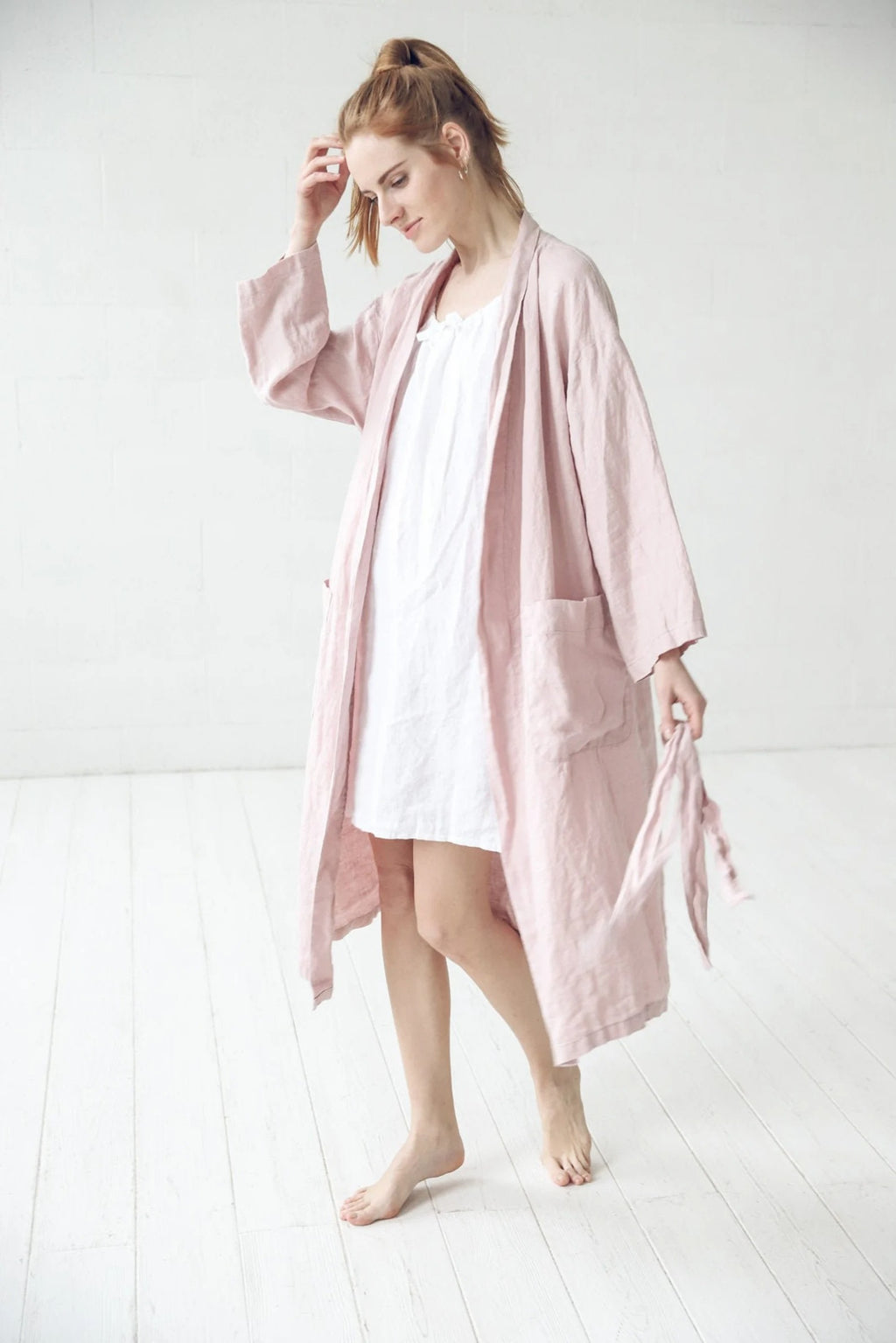 Peignoir Kimono en Lin pour Femme – Rose Pâle | Robe de Chambre Douce & Élégante