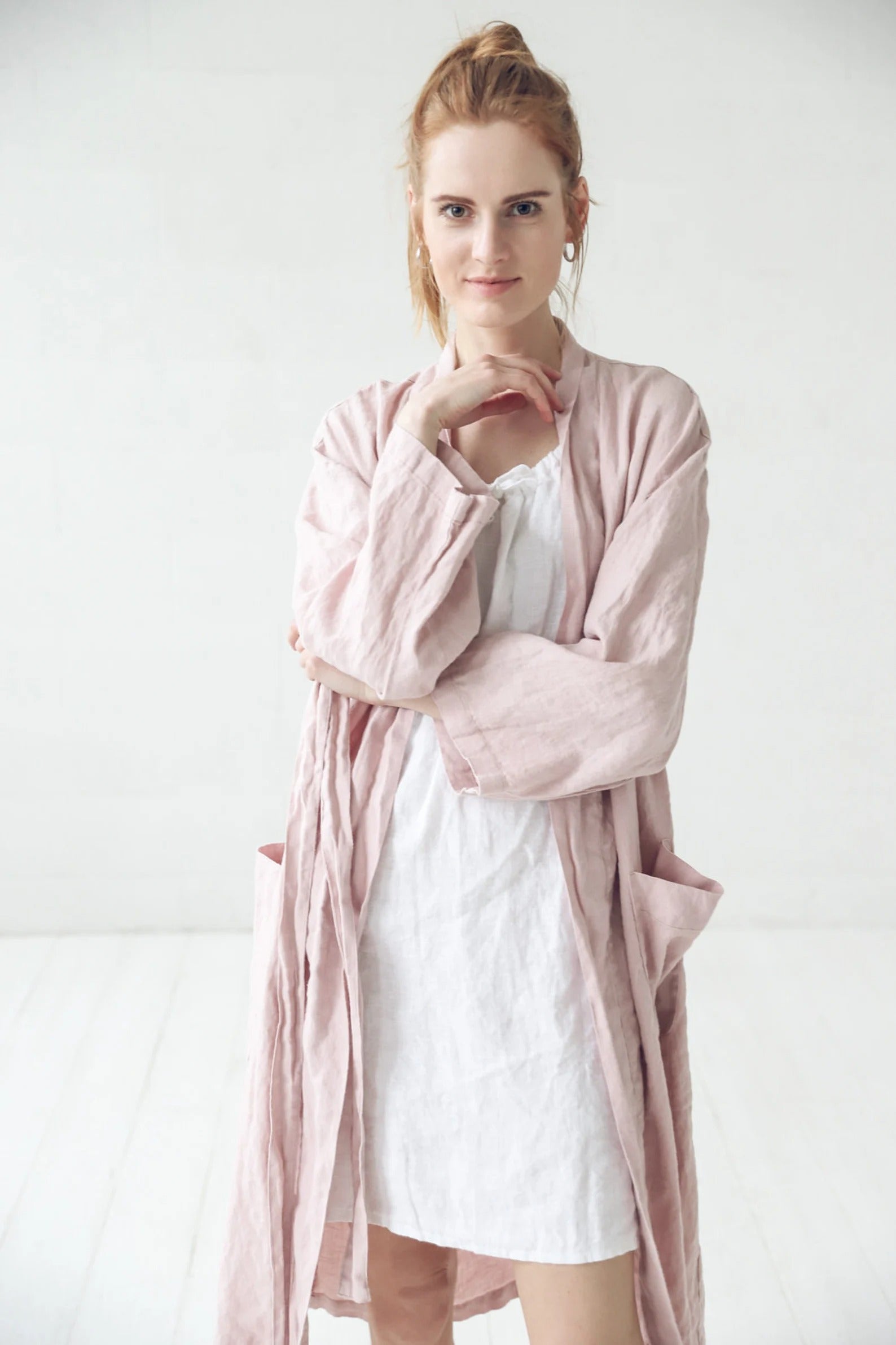 Peignoir Kimono en Lin pour Femme – Rose Pâle | Robe de Chambre Douce & Élégante