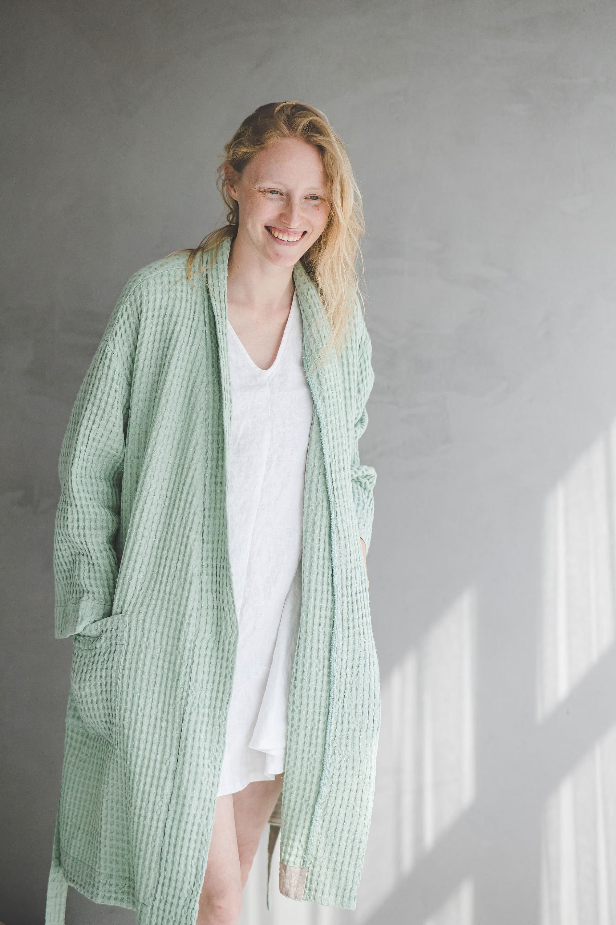 Peignoir Kimono en Lin Gaufré – Menthe | Texture Nid d'Abeille & Confort Naturel
