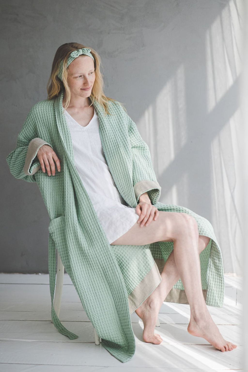 Peignoir Kimono en Lin Gaufré – Menthe | Texture Nid d'Abeille & Confort Naturel