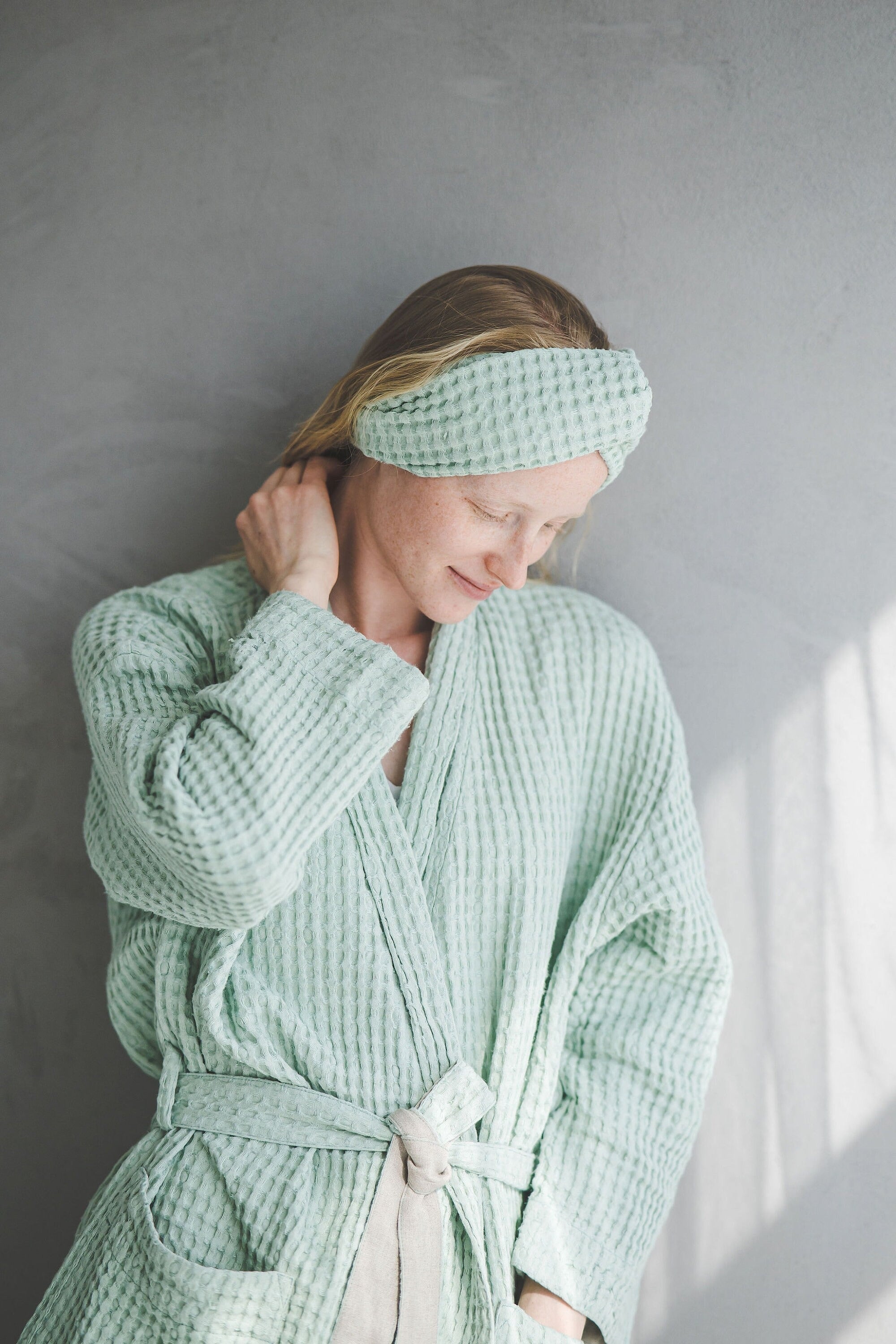 Peignoir Kimono en Lin Gaufré – Menthe | Texture Nid d'Abeille & Confort Naturel