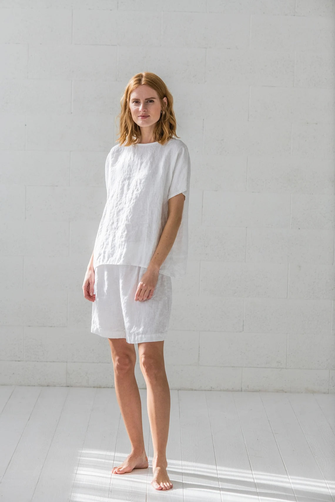Ensemble Pyjama en Lin pour Femme – Blanc Pur | Top Ample & Short à Taille Élastiquée