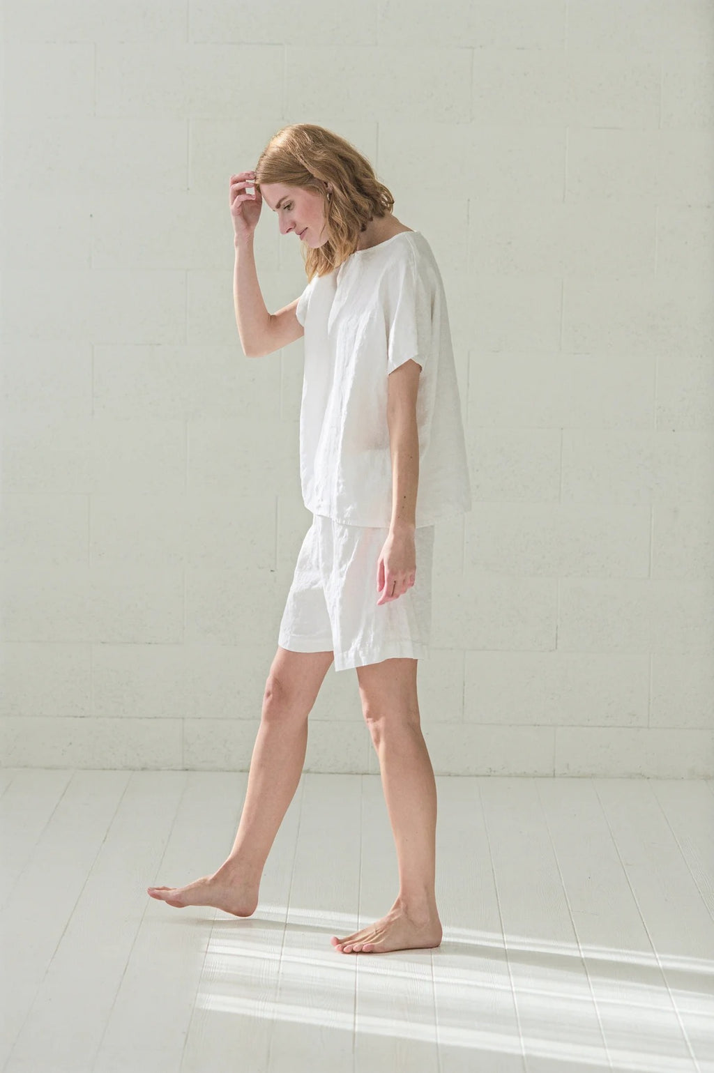 Ensemble Pyjama en Lin pour Femme – Blanc Pur | Top Ample & Short à Taille Élastiquée
