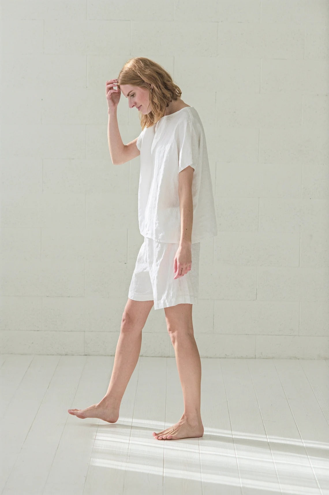 Ensemble Pyjama en Lin pour Femme – Blanc Pur | Top Ample & Short à Taille Élastiquée