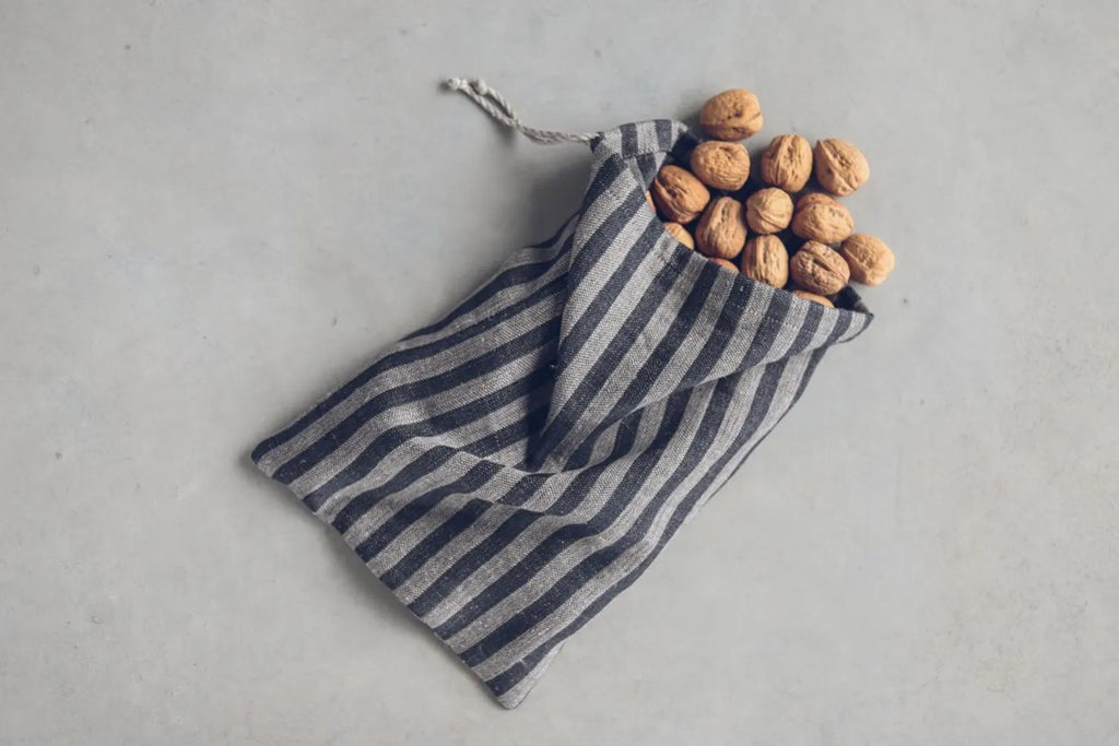 Sac à Pain et Légumes en Lin Épais – Rayures Noir & Gris | Conservation Naturelle