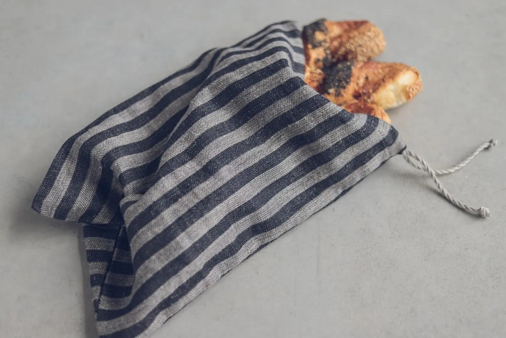 Sac à Pain et Légumes en Lin Épais – Rayures Noir & Gris | Conservation Naturelle